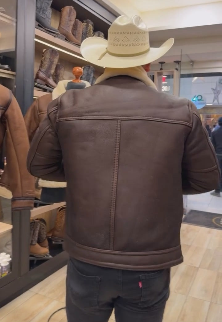 Vintage Cowhide Jacket With Shearling Collar