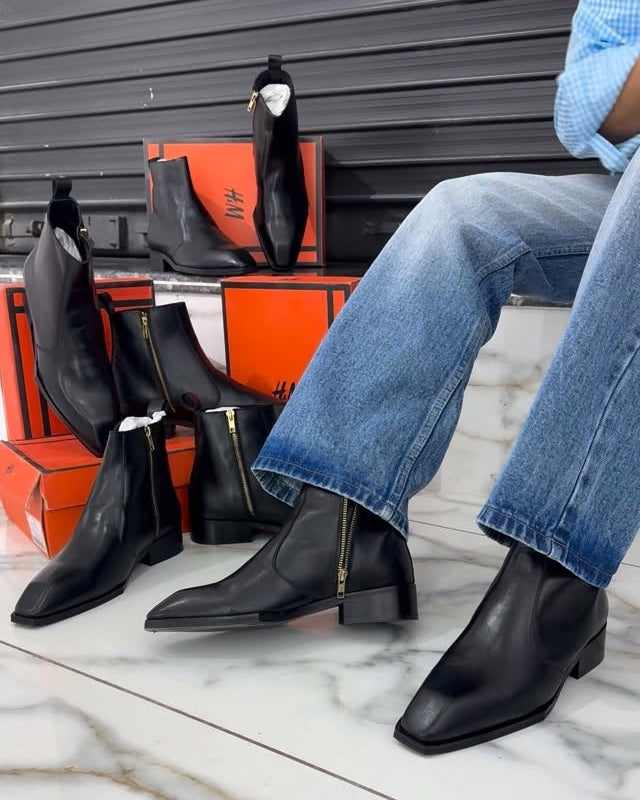 Classic Black Cowhide Ankle Boots