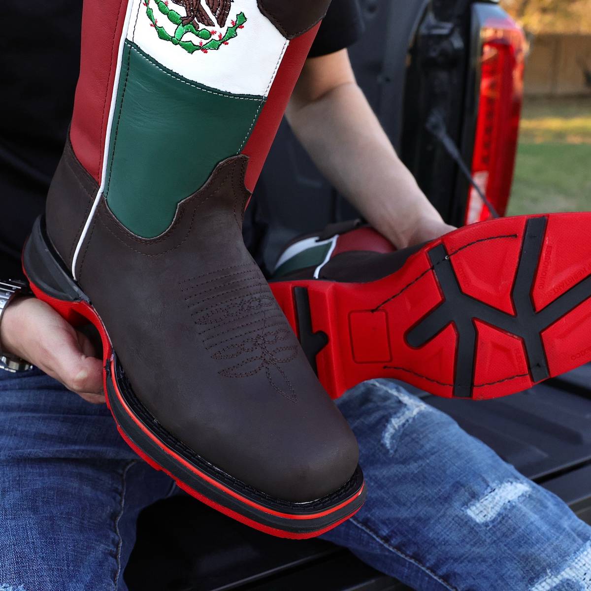 Embroidered Color Block Cowhide Boots