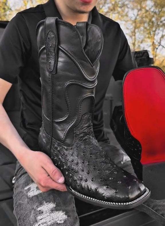 Black Ostrich Leather Totem Knight Boots