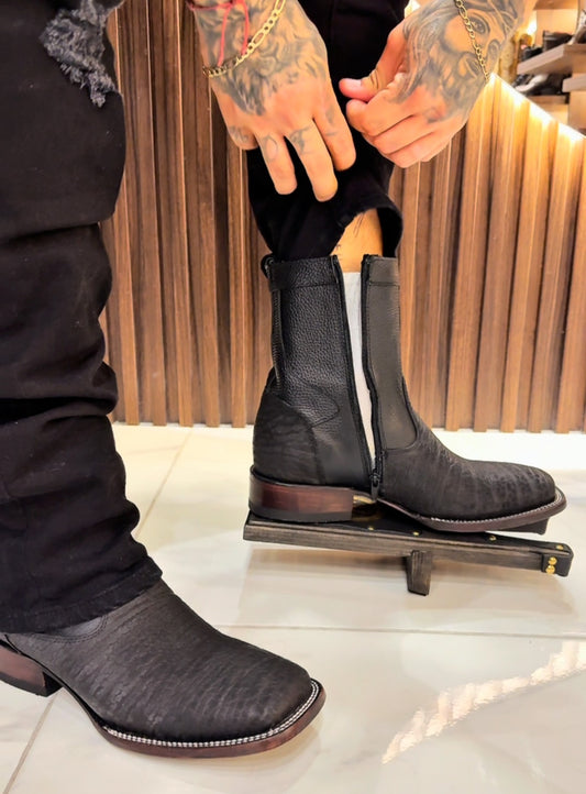 Black Vintage Textured Cowboy Boots