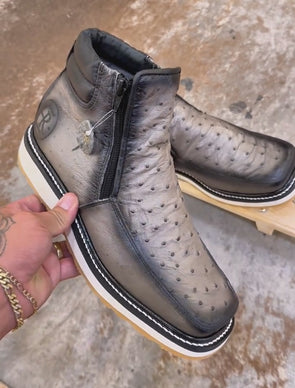 Western Ostrich Skin Cowboy Ankle Boots