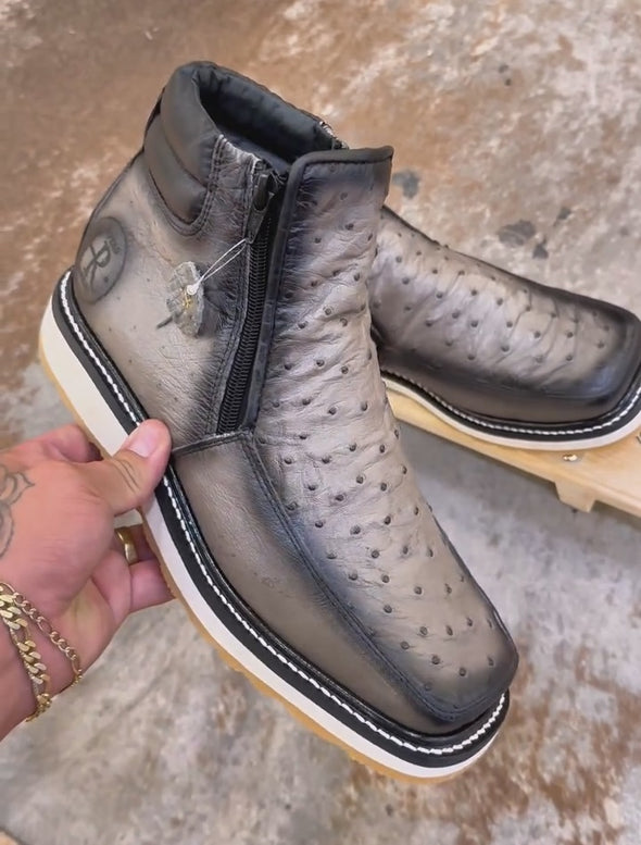 Western Ostrich Skin Cowboy Ankle Boots