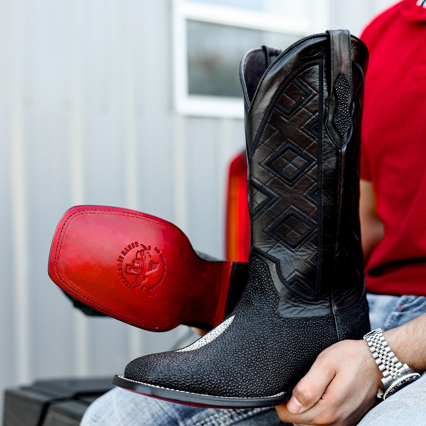 Black Stingray Leather Boots - Square Toe