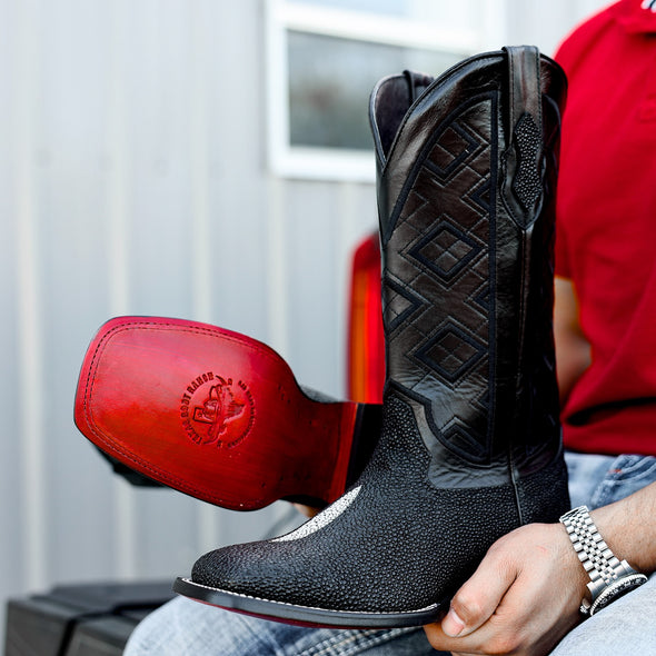 Black Stingray Leather Boots - Square Toe