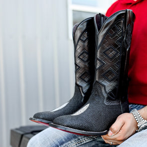Black Stingray Leather Boots - Square Toe