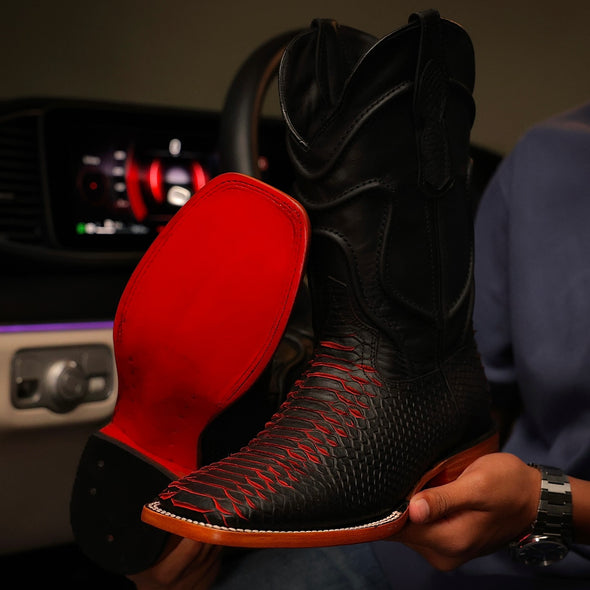 Matte Black Cherry Python Leather Boots - Square Toe