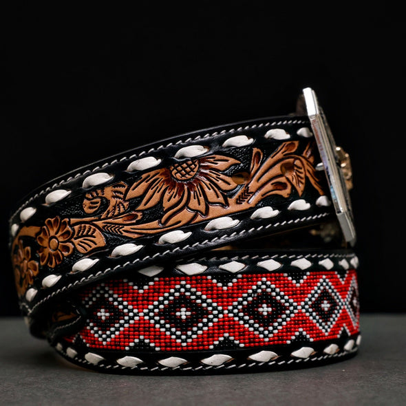 Hand-Tooled Artesanal Beaded Leather Belt