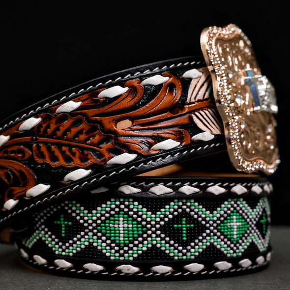 Hand-Tooled Artesanal Beaded Leather Belt