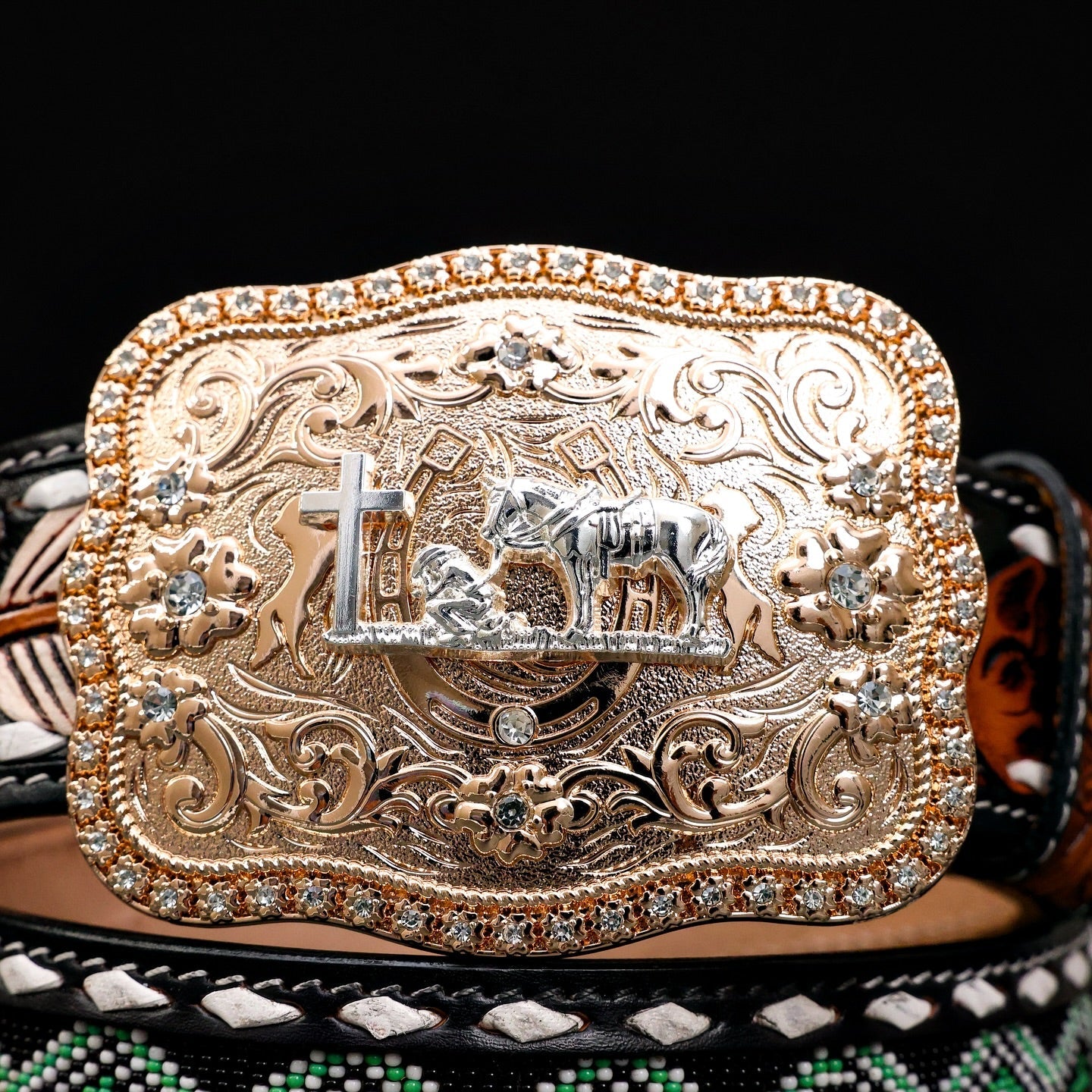 Hand-Tooled Artesanal Beaded Leather Belt