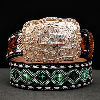 Hand-Tooled Artesanal Beaded Leather Belt