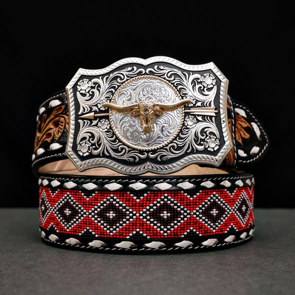 Hand-Tooled Artesanal Beaded Leather Belt