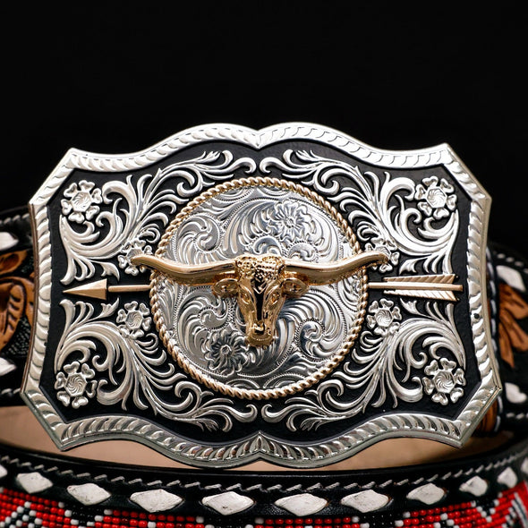 Hand-Tooled Artesanal Beaded Leather Belt