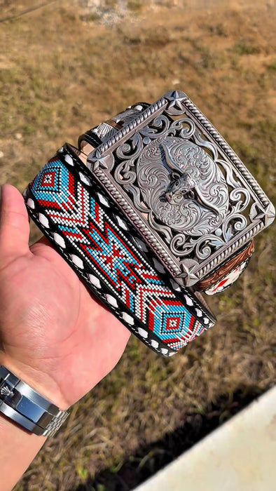 2 Inch Hand-Tooled Artesanal Beaded Leather Belt
