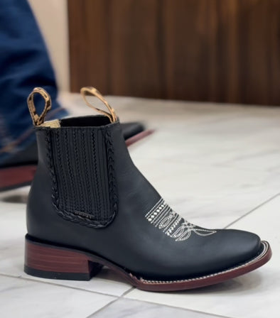 Italian Cowhide Embroidered Ankle Boots