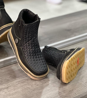 Hand-woven Square-toe Cowhide Ankle Boots