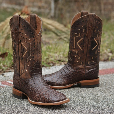 Exotic Caiman Hornback Tobacco Square Toe Boots