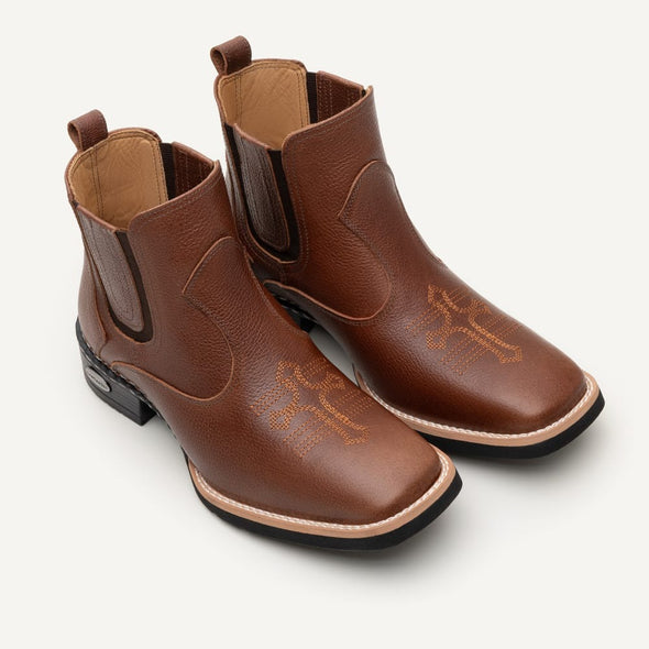 Tobacco Vintage Cowhide Embroidered Western Ankle Boots