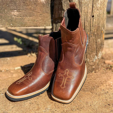 Tobacco Vintage Cowhide Embroidered Western Ankle Boots