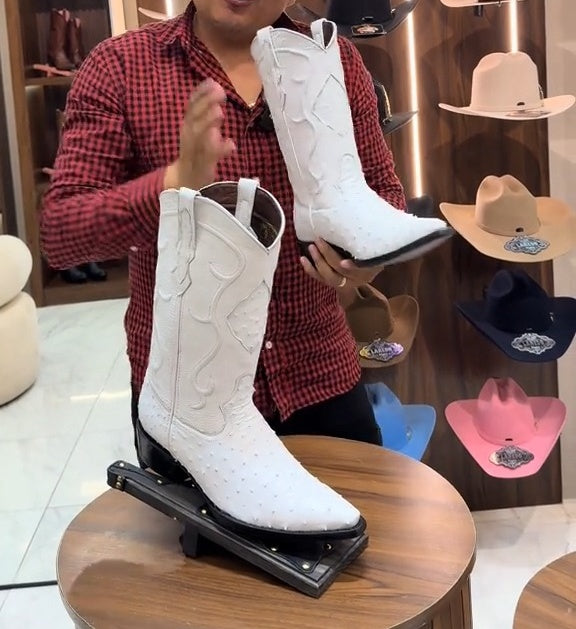 Original White Ostrich Leather J-Toe Boots