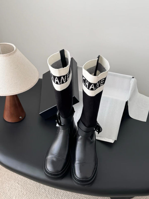 Black And White Technical Knit With Black Calfskin Boots