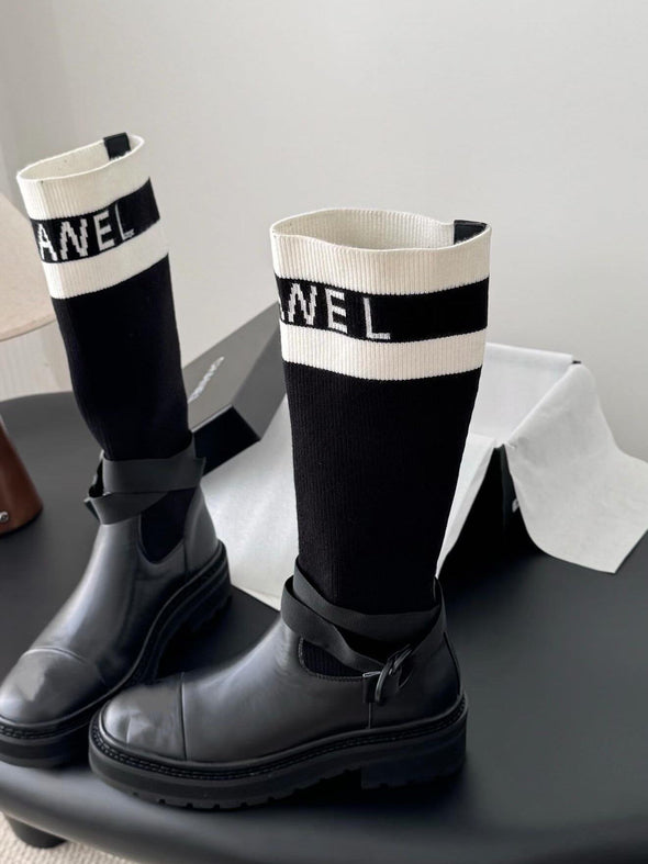 Black And White Technical Knit With Black Calfskin Boots
