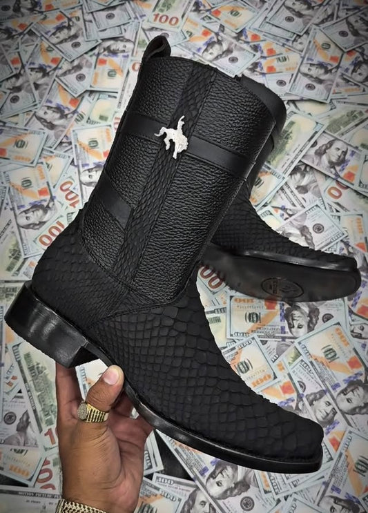 Western Black Python Skin Ranch Cowboy Boots