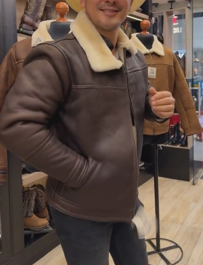 Vintage Cowhide Jacket With Shearling Collar