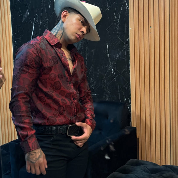 Burgundy Rose Embroidered Shirt