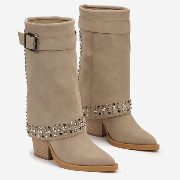 Glitter Appliquéd Block-heeled Boots
