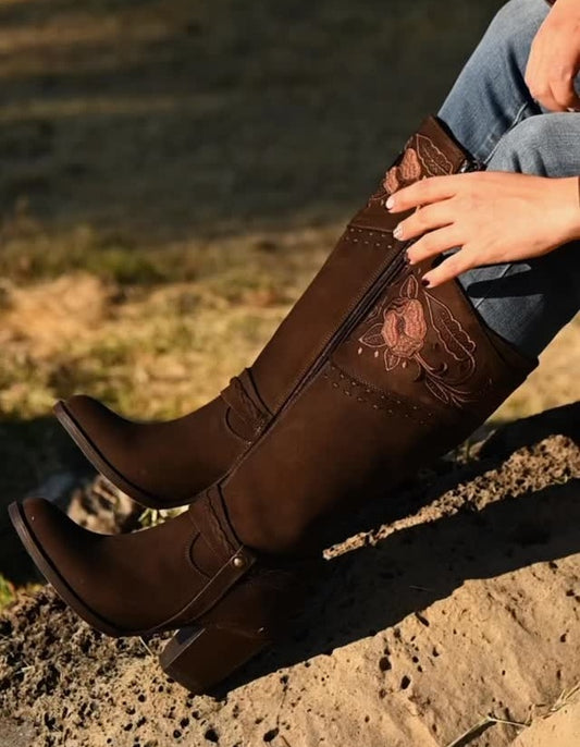 Floral Embroidered Suede High-heeled Boots
