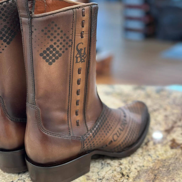 Vintage Polka Dot Mid Calf Leather Boots Brown