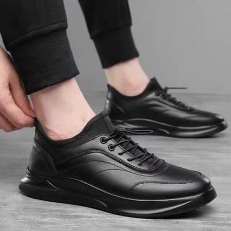Black plain drawstring lace up sport shoe sneaker