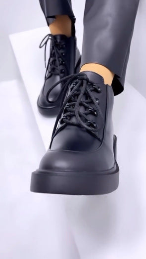 Black Chunky Heel Leather Boots